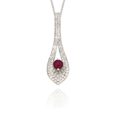 18ct White Gold Ruby & Diamond Pavé Leaf Pendant