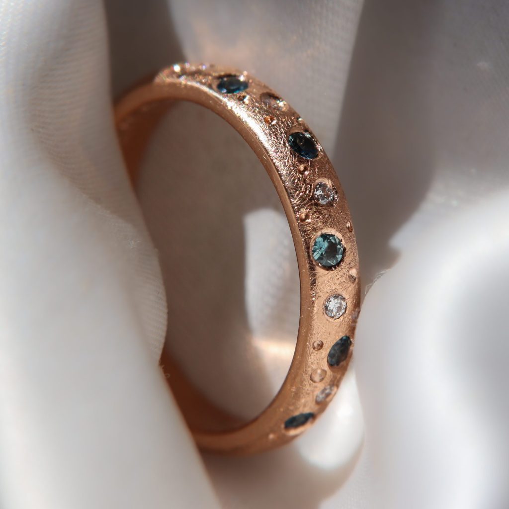 Rose Gold Teal Sapphire & Diamond Scatter Ring