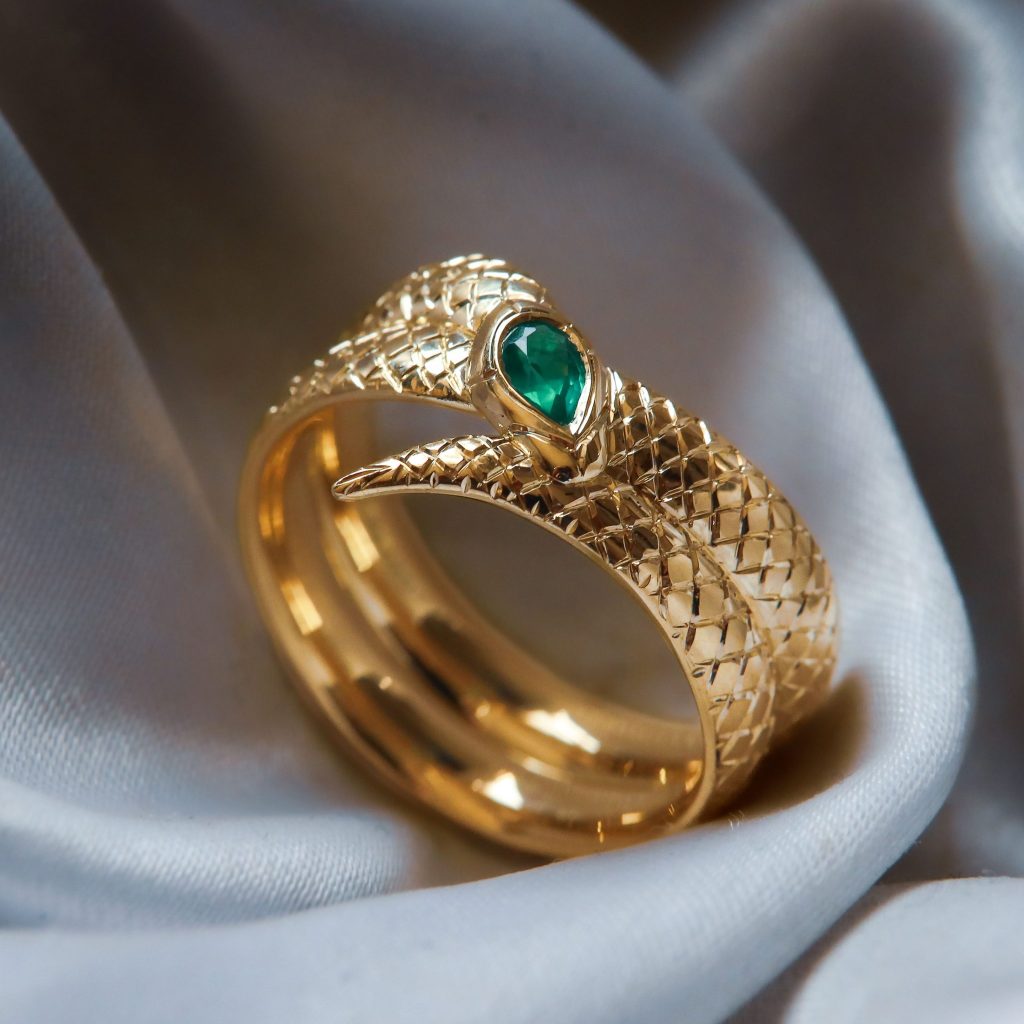 Yellow Gold and Emerald Bespoke Snake Ring