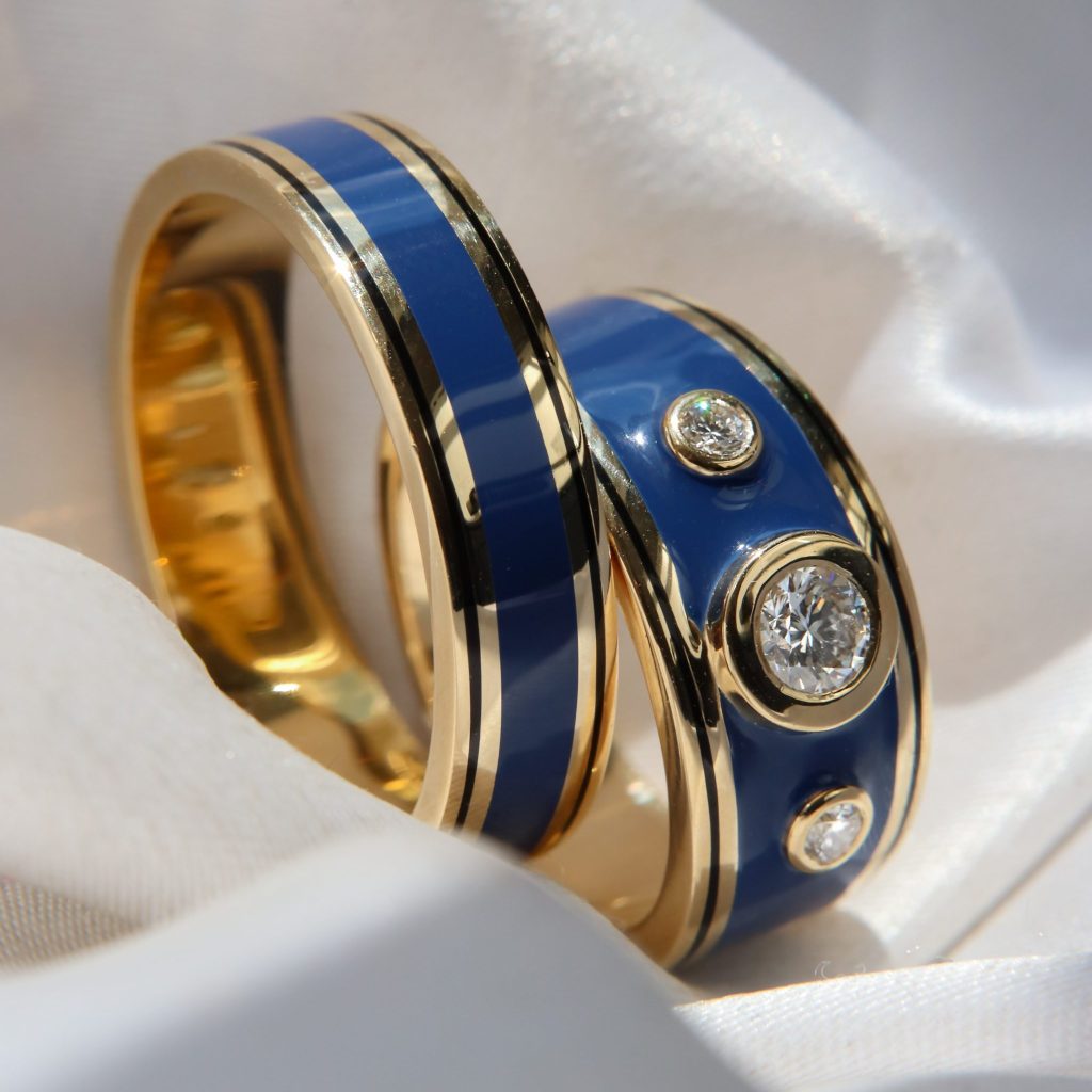 Pair of Yellow Gold & Blue Enamel Rings