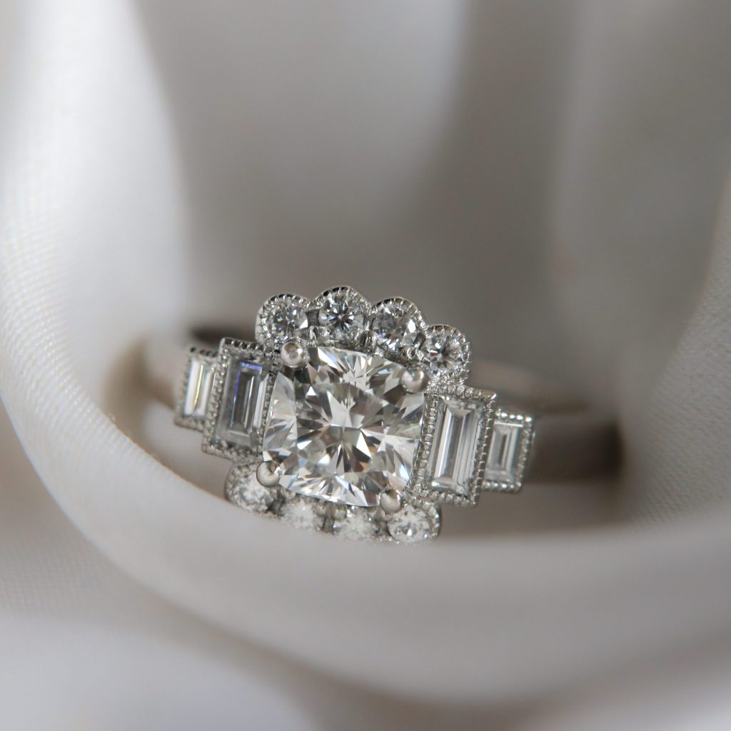 Platinum Cushion, Baguette and Round Cut Diamond Engagement Ring