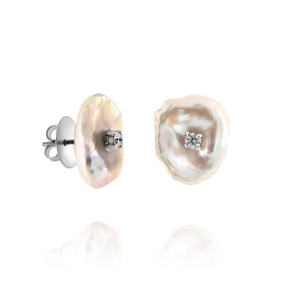 Organic pearl and diamond large stud-back earrings with claw settings.
