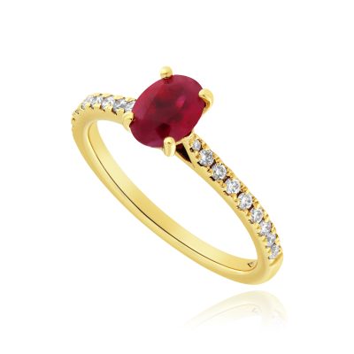 Yellow Gold Ruby Ring with Diamond Shoulders