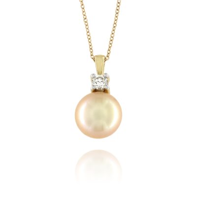 Diamond & Champagne Pearl Drop Pendant & Chain in 9ct Yellow Gold