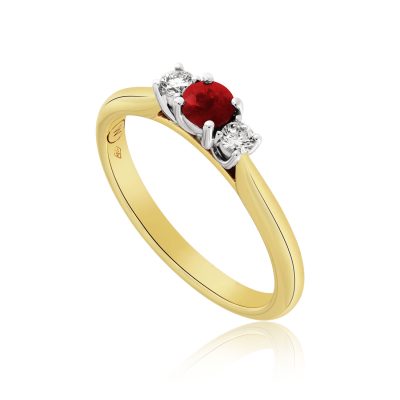 ruby and diamond trilogy ring in 18ct yellow gold