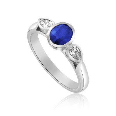 Oval Sapphire and Pear Diamond Trilogy Ring