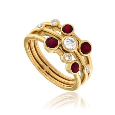 Small ruby diamond yellow gold bubble ring