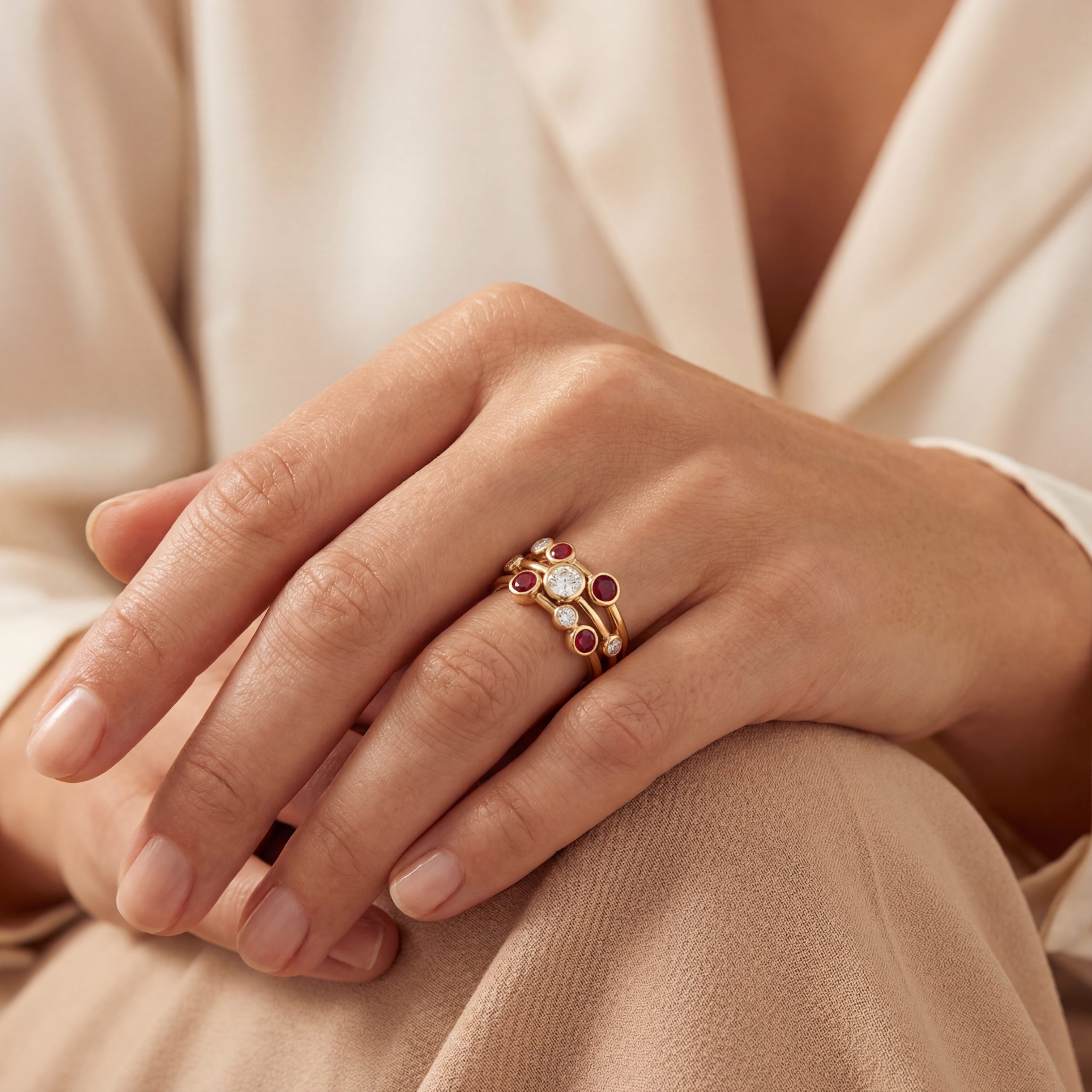 Model wearing large ruby diamond yellow gold bubble ring