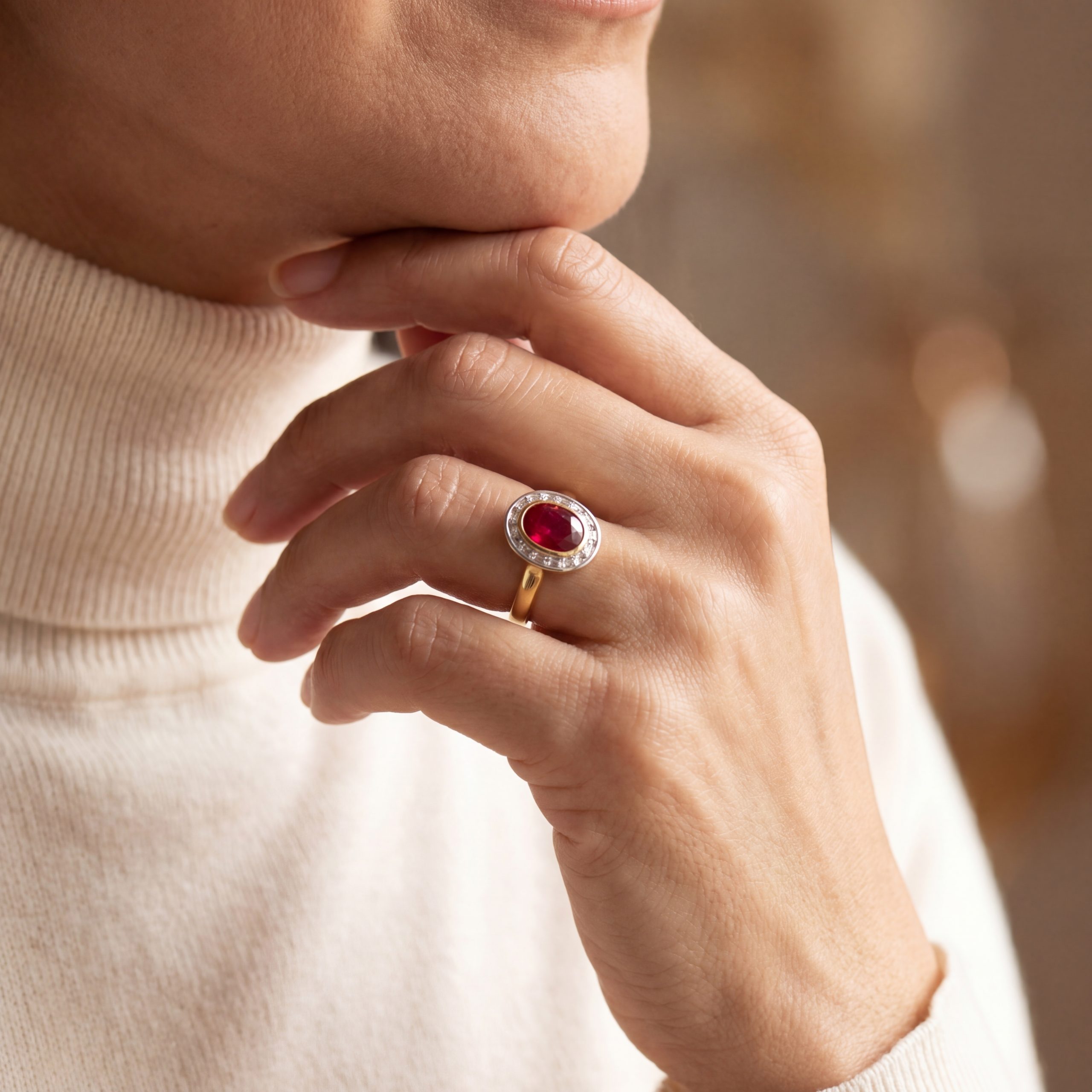 model wearing oval diamond cluster ring