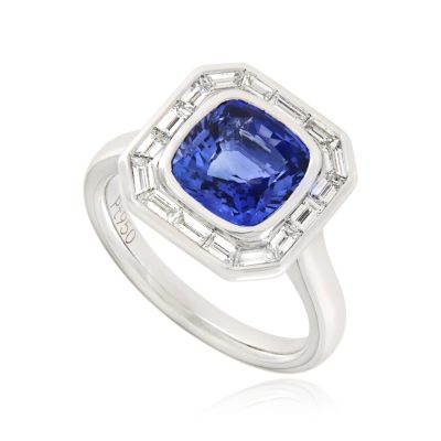 sapphire and diamond cushion cluster ring